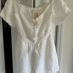 White Off-Shoulder Linen Romper with Tassel Tie